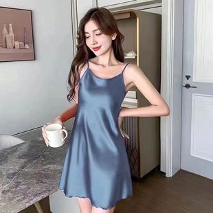 Sling silk pajamas women's summer thin ice silk lace sexy nightdress women's summer mid-length