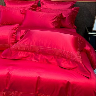 Big Red 100 Long-staple Cotton Wedding Four-piece Set Solid Color Simple Cotton Cotton Bedding New House Layout