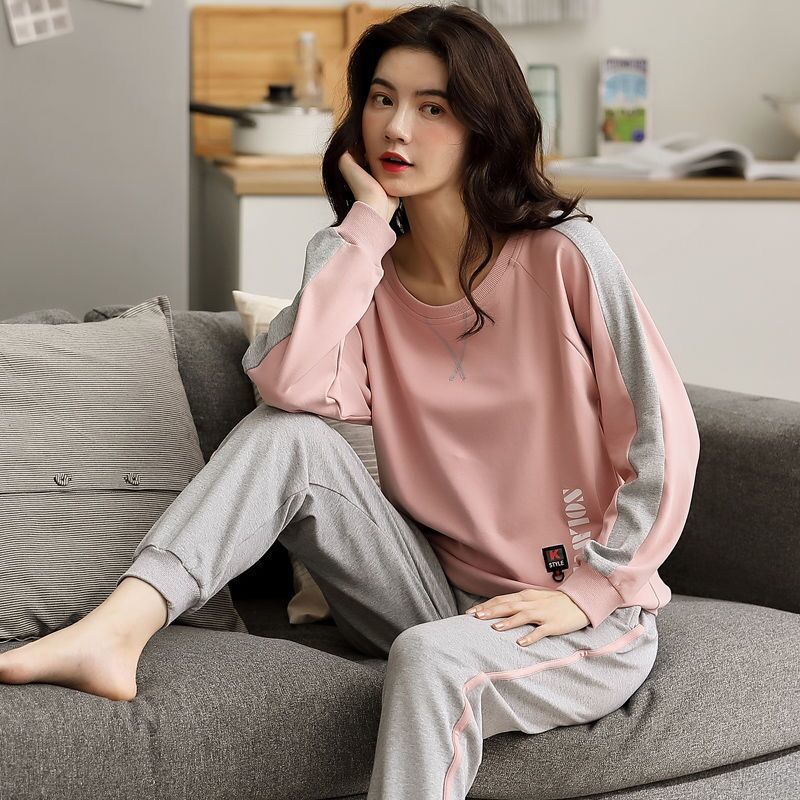 양면 순면 잠옷 여성 봄, 가을 긴 소매 외부 착용 가능 세트 한국 스타일 캐주얼 홈웨어 세트 겨울