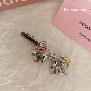 Y2K Sweet Cool Niche Colored Diamond Bow Hairpin Women's Metal Bangs Clip Duckbill Clip Design Side Clip Hair Accessories