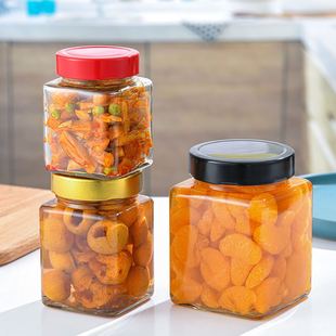 Квадратная круглая крышка стеклянная консервная бутылка квадратная прозрачная бутылка с соусом для варенья для пищевых продуктов оптом желтый персик консервная бутылка
