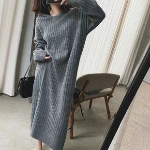Plus size women's hooded long sweater autumn and winter chubby girl thickened pullover knitted base dress