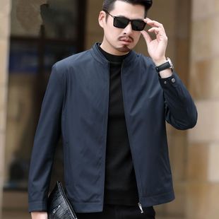 High-end Men's Jacket Mulberry Silk Middle-aged Old Dad's Spring and Autumn Middle-aged and Old People's Casual Spring Jacket with Vertical Collar