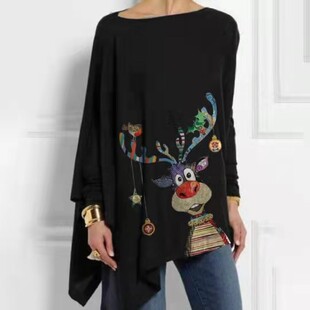 New WISH Long-sleeved AsymmeTrical PrinTed Pullover T-shirT Casual Loose Top