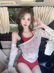 Fake Two-piece Bow Printed Shoulder Neck Long-sleeved T-shirt Thin Summer Sweet Spice Girl Blouse Design Top for Women