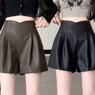 brown Leather Shorts Women's Autumn and Winter Outer Wear Small High Waist Slimming Casual Loose Leather Leather Pants Wide Leg Boots Pants