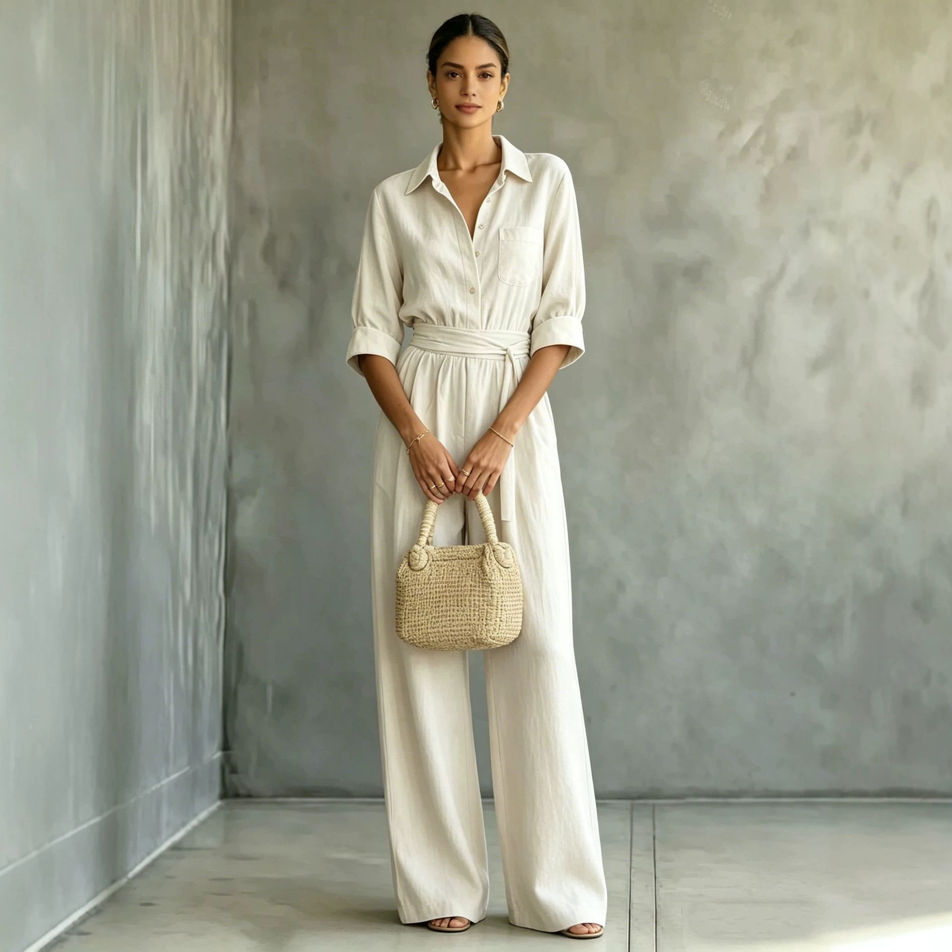 Summer Solid Color Shirt Jumpsuit for Women, Loose Wide-Leg Casual Vacation One-Piece Long Pants, Amazon Cross-Border Women's Clothing