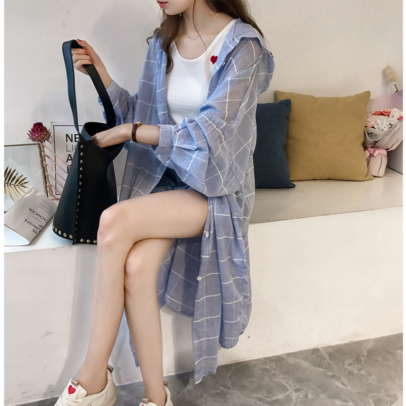 가을 여성의 2021 새로운 한국 느슨한 게으른 BF 격자 무늬 셔츠 여성용 중간 길이 탑 홍콩 맛