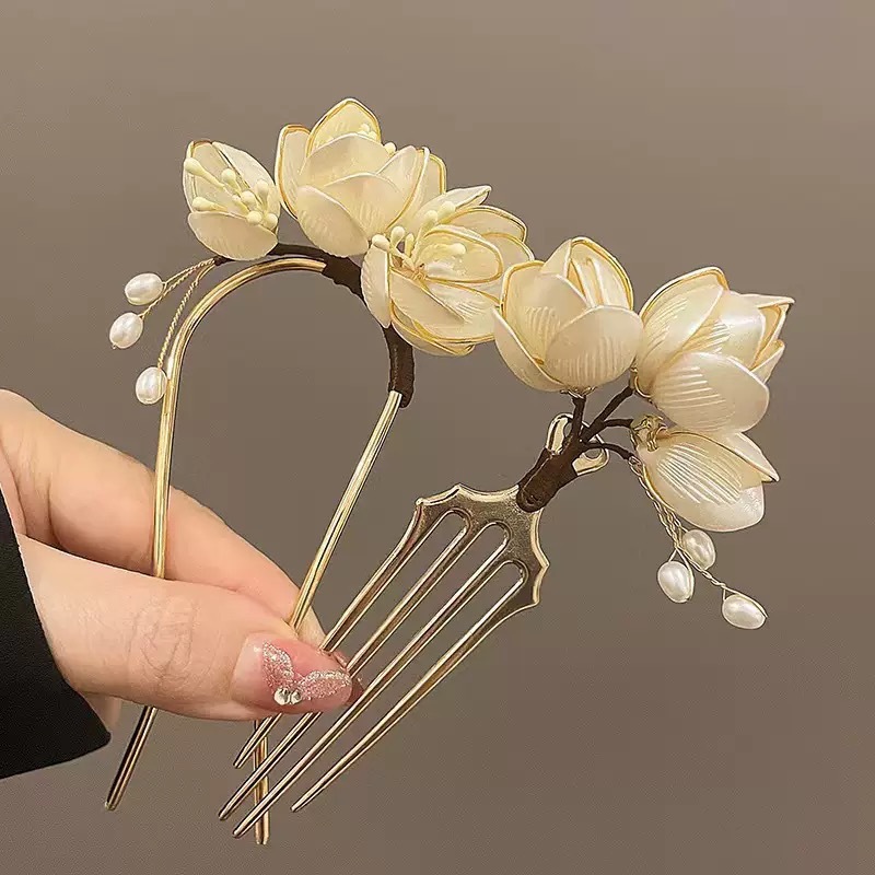 New Chinese-Style Magnolia Flower U-Shaped Hairpin Hair Comb Ancient Style Hair Accessory Pearl Hanfu Accessory Handmade Pendant