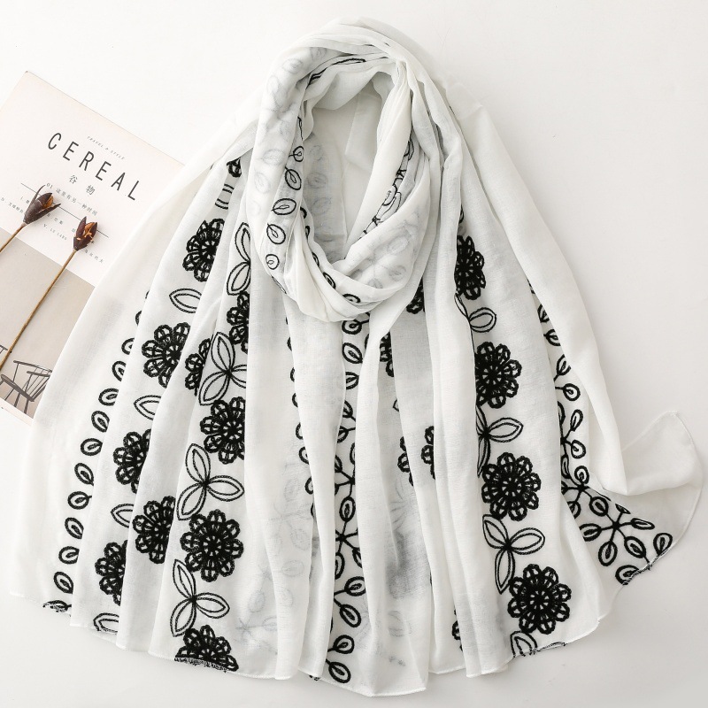 Solid Color Floral Ethnic Style Embroidered Scarf Chinese Style Gauze Scarf Silk Scarf Warm Rolled Edge Travel Shawl