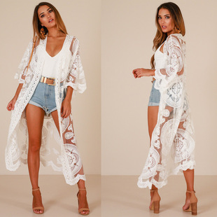2023 bohemian style loose embroidered lace bikini mesh cardigan beach mid-length sun protection shirt
