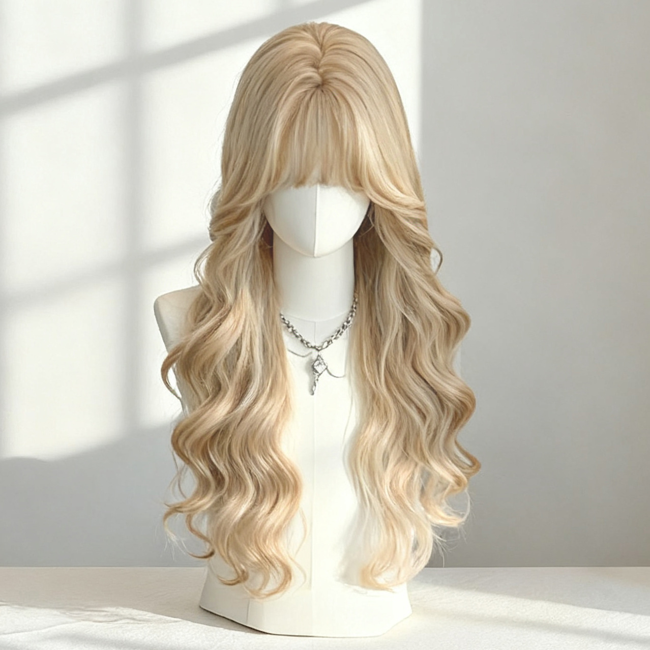Women's Lace Front Wig, Natural and Fluffy, Stylish Seamless Middle Parting, Long Wavy Hair with Full Bangs, Full Head Wig