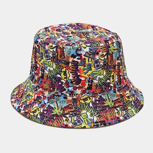 2023 European and American New Retro Printed Pattern Double-sided Sun Hat for Men and Women Spring and Summer Outdoor Sun Protection Fisherman Hat