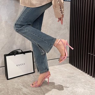 2023 spring and summer new pink high heels women's stiletto heel sexy open toe buckle rhinestone letter sandals women