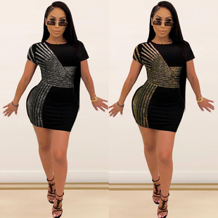 K8982 Sexy European and American Round Neck Wrap Hip Short Sleeve Hot Diamond Dress Nightclub Dress