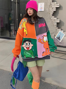 American plus size Spring New Color Stitching Cartoon Quad Crewneck Sweatshirt Fashion Retro Lazy Casual Top