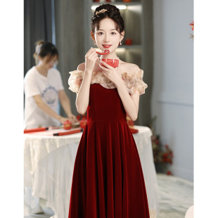 Toast Dress Bride Red off-shoulder Evening Dress Women's High-end French Engagement Dress Wedding Velvet Small Man