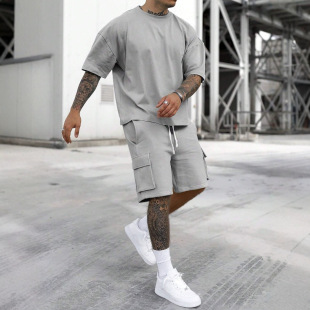 Summer Solid Color 2025 New Men's Sports Crewneck Shoulder Short-sleeved T-shirt Top Shorts Two-piece suit