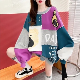 American Style Retro Contrast Color Sweatshirt Women's Autumn and Winter Loose Casual Lazy Style Foreign Style Cartoon Round Neck Sweatshirt Women's Hatless