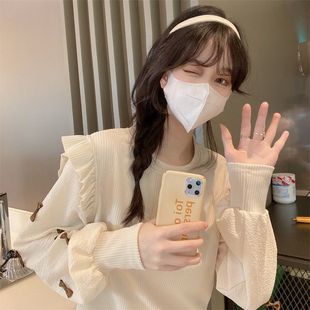 Contrast Color Spring Stitching Puff Sleeve Knitted Sweater Women's Season Design Sense Niche Ruffled Long Sleeve Fashionable