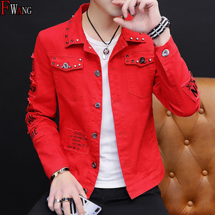 2023 Spring Personalized Denim Jacket Men's Korean-style Ripped Jeans Fashionable Social Guy Rivet Jacket Gown