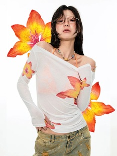 American Y2K Sexy Spice Girl Shoulder Print Long Sleeve T-Shirt Niche Mesh Design Retro Perspective Summer and Autumn Top