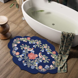 Bathroom door mat diatom mud soft mat Chinese retro style double Bird Flower home door mat bathroom non-slip mat
