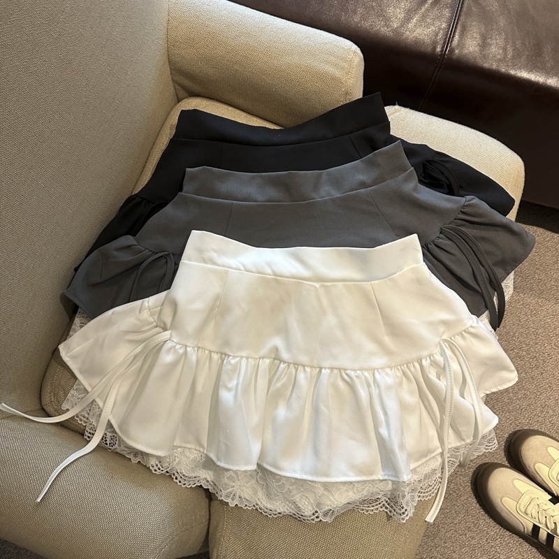 Ballet-Style White Lace Patchwork Cake Skirt for Women, Summer High-Waisted Slimming Bowknot A-Line Puffy Short Skirt