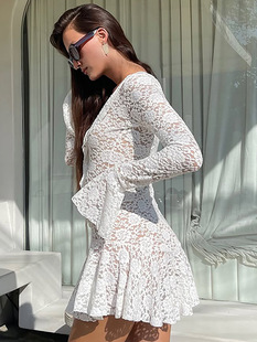 European and American Design Jacquard Sexy Lace-Up Dress 2025 Spring and Summer New Lace See-Through High-Waisted White Skirt for Women