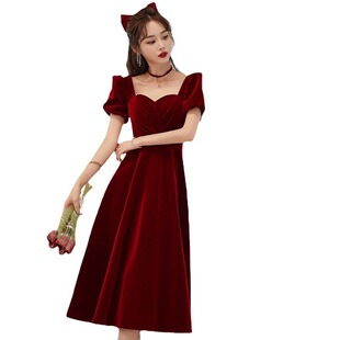 French Red Toast Dress Bride's New Style Can Be Worn Daily Home Clothes Small Puff Sleeve Evening Dress