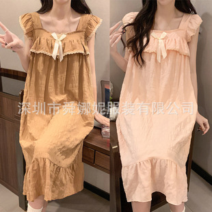 Woven Cotton Sling Chest Pad Nightdress Women's Vest Summer Pajamas French Style Lace Solid Color Lace Mid-Length Home Clothes