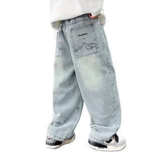 Trendy Brand Children's Jeans Spring New Arrival 2025 Boys' Loose Straight Trousers Boys' Mid-Big Children's Pants Spring