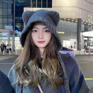 Bear Wool Hat Women's Cute Autumn and Winter Big Head Korean-style All-match Ear Protection Hat Lace-up Warm Knitted Hat