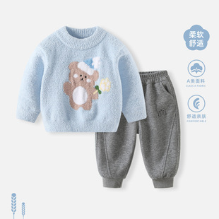 Children's Half Velvet Sweater Winter Clothes New Baby Boys and Girls Thickened Knitted Sweater Baby Winter Clothes Warm Top