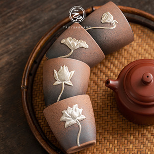 Chinese-style coarse pottery old rock mud lotus silver master cup set ceramic tea cup kung fu tea set single cup tea tasting cup
