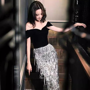 Evening dress women's 2024 new style off-shoulder high-end banquet host French dress sequins light luxury art test