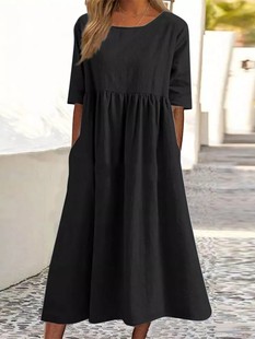 2024 Summer Amazon independent station new cotton and linen casual short sleeve pocket pleated loose round neck dress