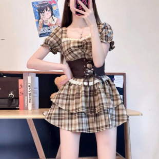 American Retro Plaid Dress Suit for Women, Preppy Style Waist Slimming Look Girdle + Jk Uniform Skirt Two-Piece Set