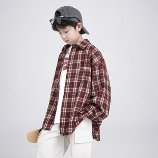 Boys' Spring and Autumn Korean Long Sleeve T-Shirt Plaid Shirt 2025 New Children's Spring Shirt Trendy Clothes for Big Children