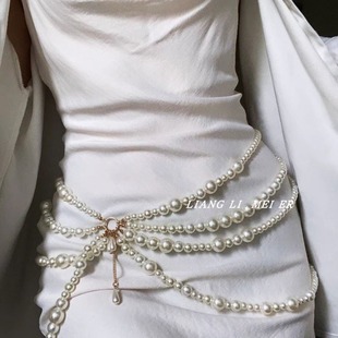 European and American Cross-border Jewelry Personalized Metal Cross Tassel Waist Chain Women's Fashion and Popular Double Layer Imitation Pearl Body Chain