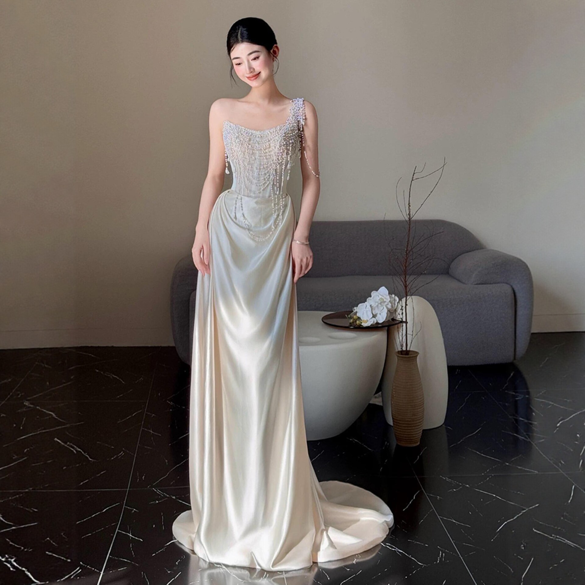 French-Style One-Shoulder Light Wedding Dress, Luxury Niche Engagement Gown, Heavily Embellished with Pearls, French Satin Birthday Dress