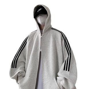 Hooded Jacket Men's Spring and Autumn Striped Patchwork Cardigan Sweater Men's Trendy Brand Top Youth Sports Jacket for Men