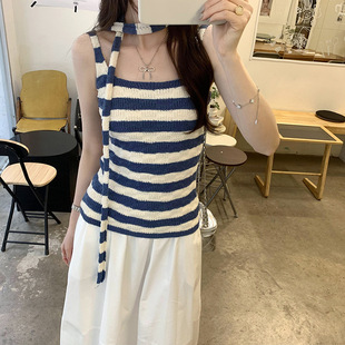 Hanging neck streamer blue striped sleeveless knitted camisole women's 2025 summer women's clothing outer wear new top women