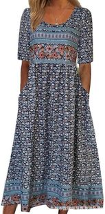 European and American 2025 New Women's Casual Round Neck Pullover Short Sleeve Printed Pleated Waist Large dress Dress
