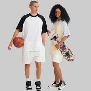 LVLV2024 spring and summer 240g heavy contrast color Raglan round neck short sleeve American retro loose fashion brand couple T-shirt