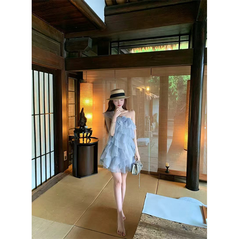 Cross-Border Stylish Beach Vacation Dress 2026 Summer New Model Socialite One-Shoulder Ruffle Tiered Dress for Women