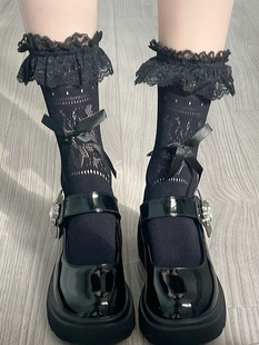Spring and Summer Lace Middle Tube Solid Color Socks Women's Thin Lolita Bow Piled Socks Y2K Short Socks for Women