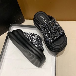 Internet Celebrant Thick Bottom Slippers Women's Summer Outer Wear 2025 New All-match Sequins One-word Shops Niche High-end Sandals