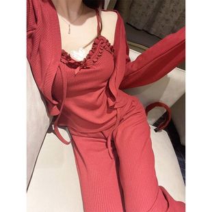French Style Pure Lace Sexy Women's Pajamas with Chest Pad Three-piece Set Spring and Autumn Bow Sling Cardigan Home Clothes