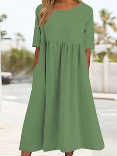 Cross-border Foreign Trade 2023 Spring and Summer New Round Neck 5-point Sleeve Large Size Casual Loose Long Solid Color Cotton and Linen Dress